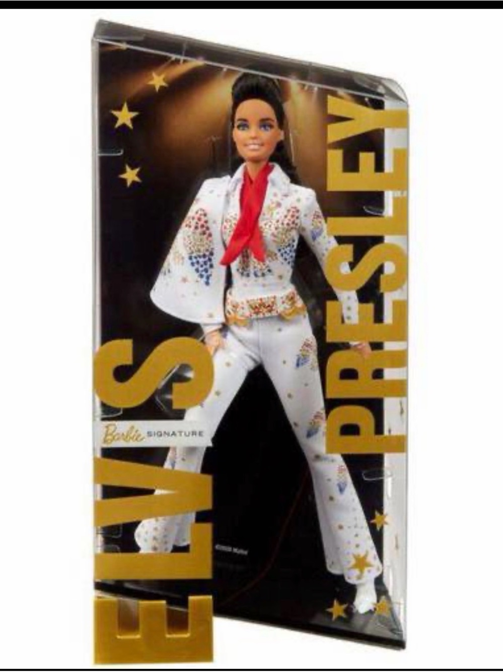 Elvis Barbie White Jumpsuit with Red Scarf and Multicolor Rhinestones